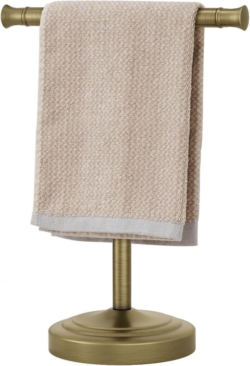 RUMOSE 13 Inch Antique Brass Towel Bar Stand Hand Holder Bathroom Kitchen Vanity Countertop T-Shape Towel Rack Free Standing Stainless Steel - Image 1
